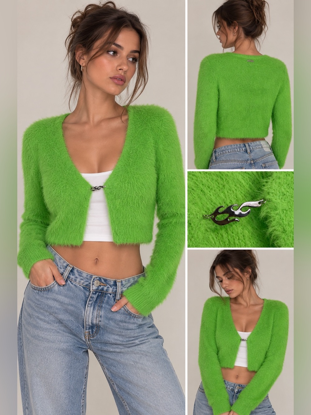 Fabletics Lime Green Fuzzy Cropped Cardigan